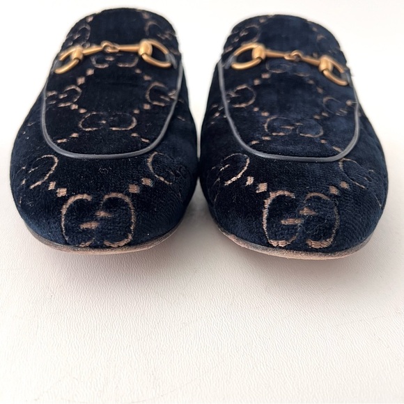 GUCCI | Navy GG Monogram Velvet Princetown Mules Horsebit Loafers Slip On 37.5 - Picture 4 of 9